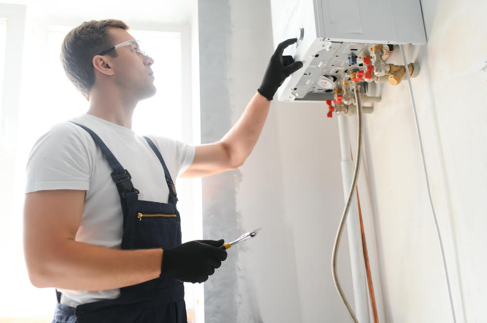 A man in a white shirt and black gloves working on a tankless water heater electrical panel