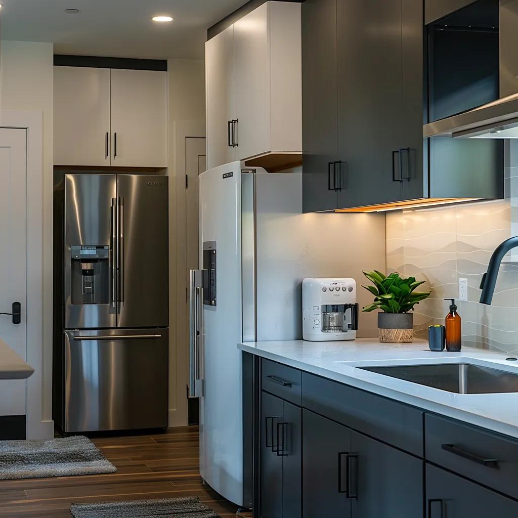 a sleek, modern kitchen showcases a dramatic scene of water gushing from a burst pipe, highlighting urgent plumbing issues as a concerned homeowner assesses the chaos amidst a backdrop of contemporary appliances and stylish decor.