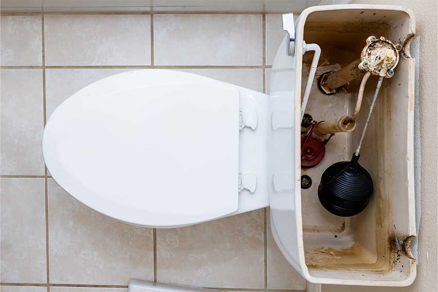 Open toilet tank showing the internal flush valve, float, and plumbing components during toilet repair.