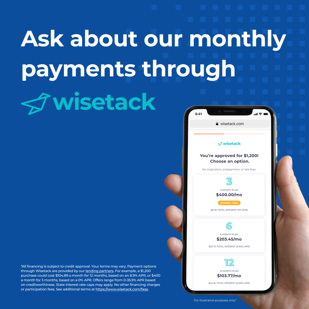 Wisetack financing graphic promoting monthly payment options with a mobile phone showing available plans.